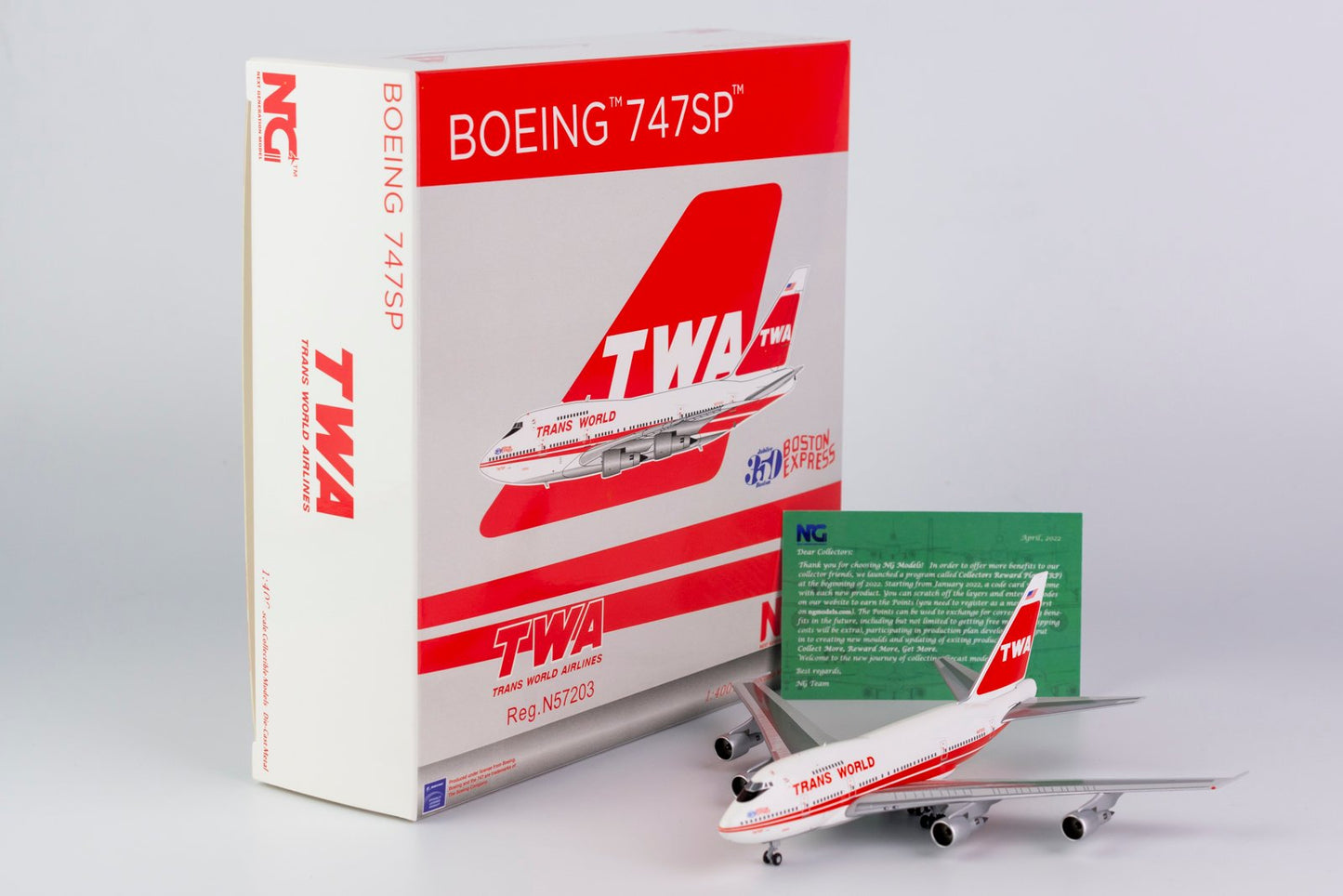 1:400 NG Models Trans World Airlines (TWA) Boeing 747SP "Twin Stripes, Boston Express" N57203 NG07020